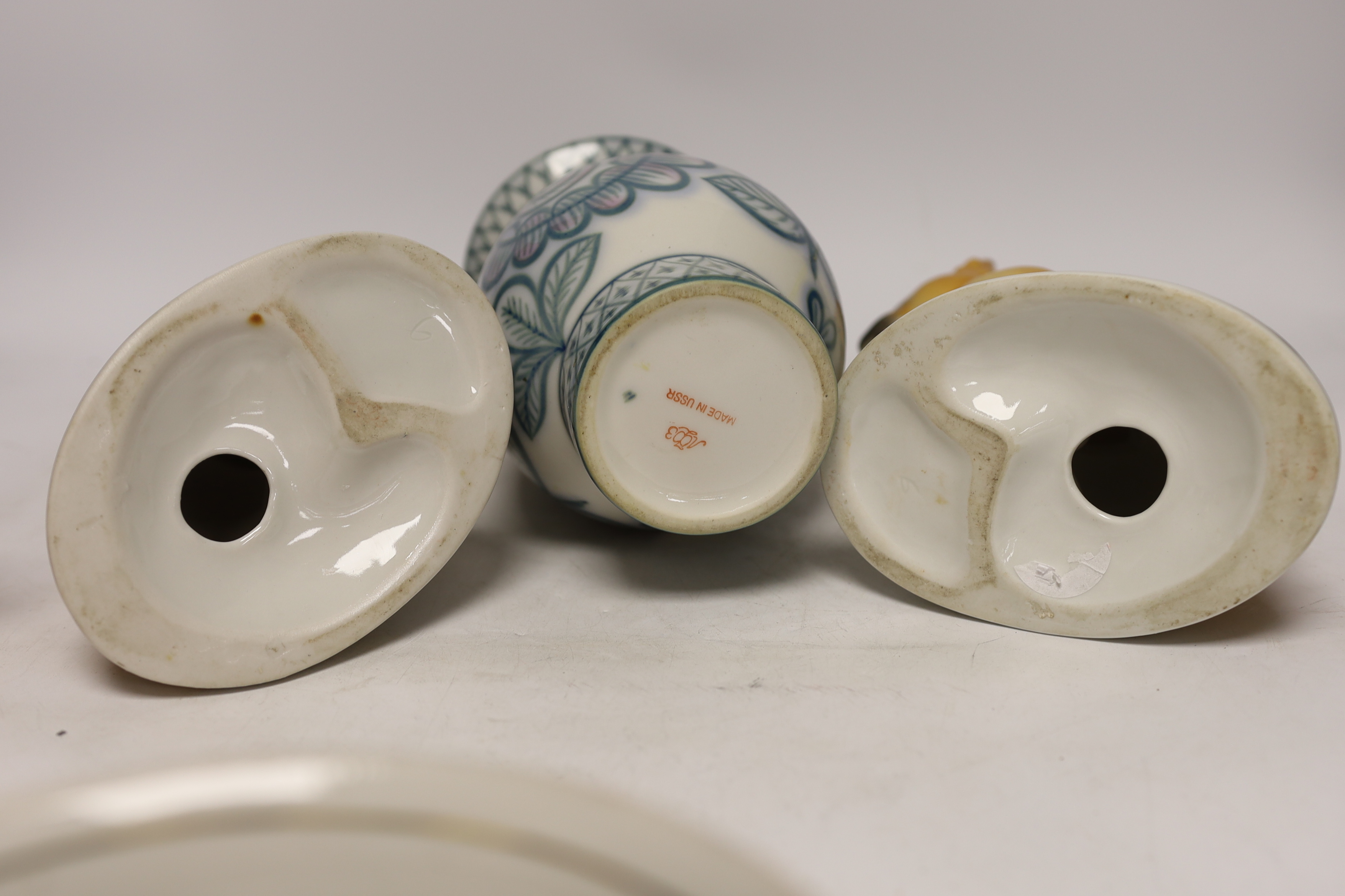 A pair of Russian porcelain models of French bulldogs, a part Chinese (Russian) tea set and a vase
